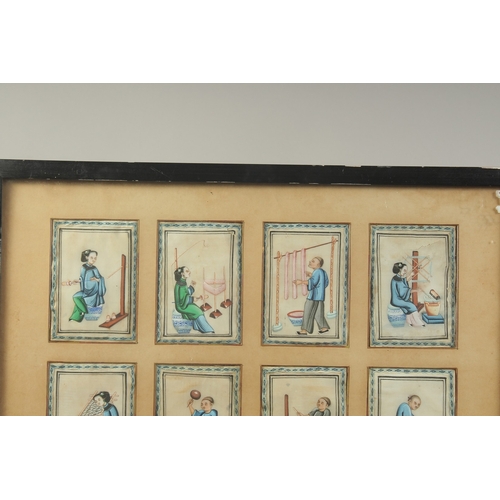 1329 - A GOOD COLLECTION OF TWELVE CHINESE PAINTINGS, depicting figures carrying out various pursuits, fram... 