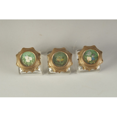 1495 - A GOOD 19TH CENTURY THREE BOTTLE SET with gilt mounts and painted stopper with flowers. The case 5.5... 