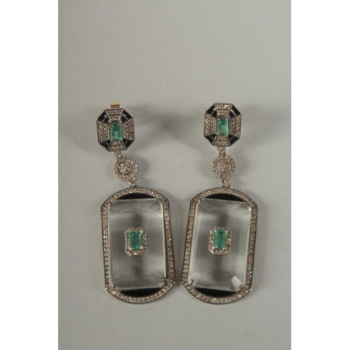 1579 - A GOOD PAIR OF DECO STYLE DAIMOND , EMERALD AND CRYSTAL DROP EARRINGS.