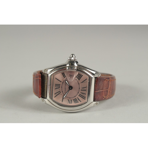 1593 - A GOOD CARTIER ROADSTER WRIST WATCH with leather strap, stainless steel. No. 150022LX 2675