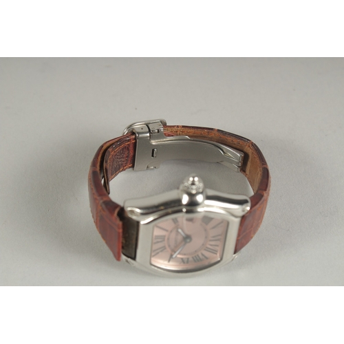 1593 - A GOOD CARTIER ROADSTER WRIST WATCH with leather strap, stainless steel. No. 150022LX 2675