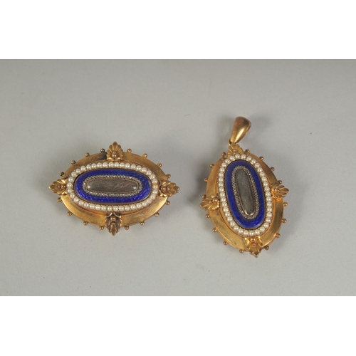 1596A - A MATCHING 15CT GOLD BROOCH AND PENDANT with blue enamel and seed pearls.