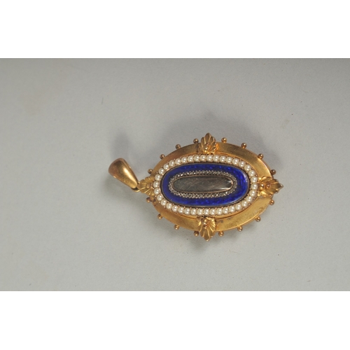 1596A - A MATCHING 15CT GOLD BROOCH AND PENDANT with blue enamel and seed pearls.