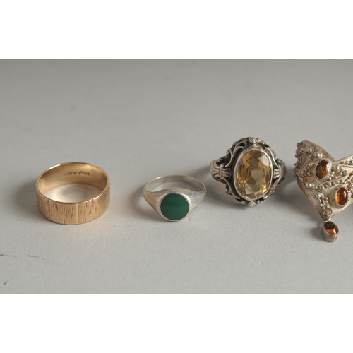 1598 - A MODERN SILVER CITRINE RING by PADDY HARBER and another BY S.  BEDDALL, two others and two gold ban... 