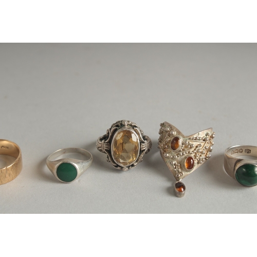 1598 - A MODERN SILVER CITRINE RING by PADDY HARBER and another BY S.  BEDDALL, two others and two gold ban... 