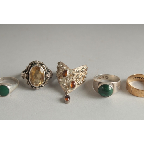 1598 - A MODERN SILVER CITRINE RING by PADDY HARBER and another BY S.  BEDDALL, two others and two gold ban... 