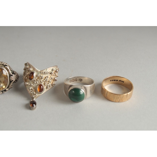 1598 - A MODERN SILVER CITRINE RING by PADDY HARBER and another BY S.  BEDDALL, two others and two gold ban... 