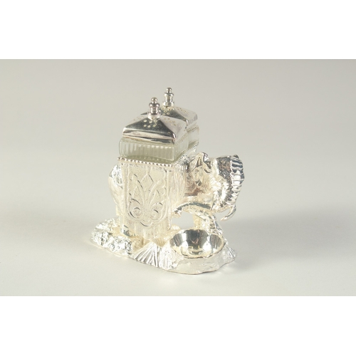 1691 - A SILVER PLATED NOVELTY CRUET SET, modelled as an elephant with cruets on it's back. 4.5ins long.