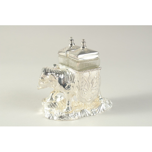 1691 - A SILVER PLATED NOVELTY CRUET SET, modelled as an elephant with cruets on it's back. 4.5ins long.