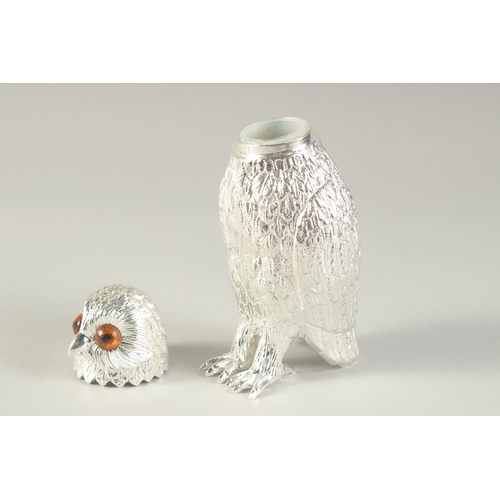 1692 - A SILVER PLATED OWL SUGAR CASTER. 6ins high.