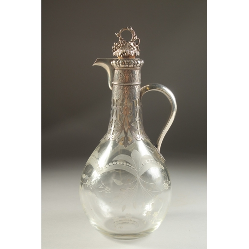 1761 - A GOOD VICTORIAN GLASS AND SILVER CLARET JUG by GEORGE FOX with fruiting vine stopper. London 1855.... 