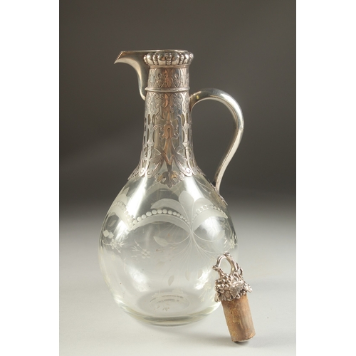 1761 - A GOOD VICTORIAN GLASS AND SILVER CLARET JUG by GEORGE FOX with fruiting vine stopper. London 1855.... 