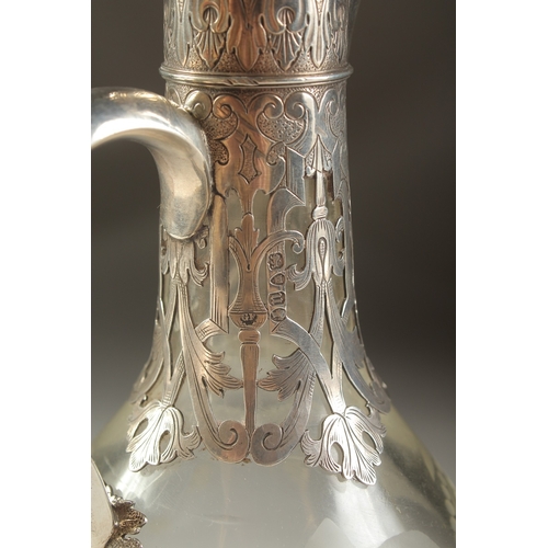 1761 - A GOOD VICTORIAN GLASS AND SILVER CLARET JUG by GEORGE FOX with fruiting vine stopper. London 1855.... 