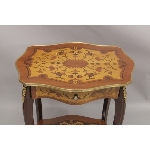 1059 - A GOOD LOUIS XVITH DESIGN INLAID TABLE with gilt metal mounts, single drawer, curving legs and under... 