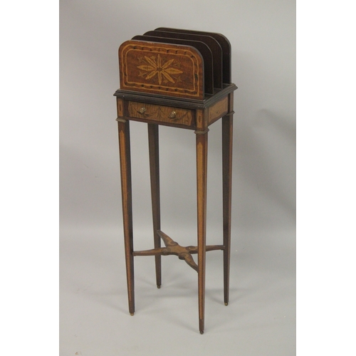 1021 - A GEORGIAN MAHOGANY MUSIC AND MAGAZINE RACK, the top with three compartments, single drawer with tap... 