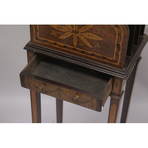 1021 - A GEORGIAN MAHOGANY MUSIC AND MAGAZINE RACK, the top with three compartments, single drawer with tap... 