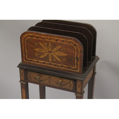 1021 - A GEORGIAN MAHOGANY MUSIC AND MAGAZINE RACK, the top with three compartments, single drawer with tap... 