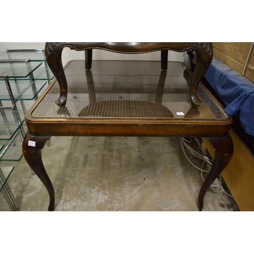 166 - A pair of Bergere style armchairs and similar coffee table.