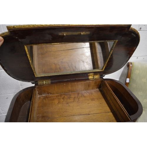 175 - A French parquetry inlaid work table with lyre-end support (faults).