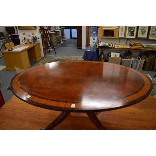 244 - A reproduction mahogany and rosewood banded oval coffee table on sabre legs.