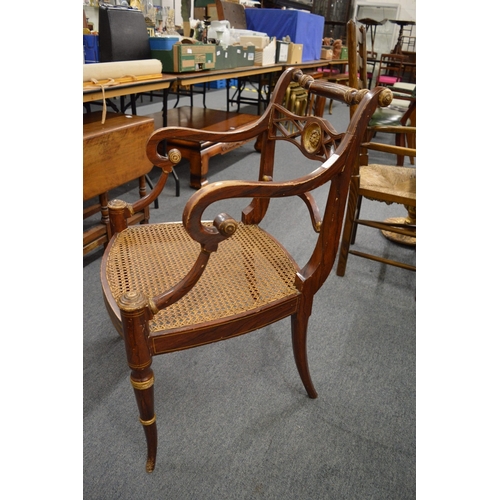 250 - A good pair of Regency design rosewood grained and parcel gilded open armchairs with cane work seats... 