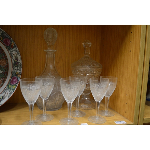 26 - Cut glass ware to include pedestal vase and cover, decanter and six matching glasses.