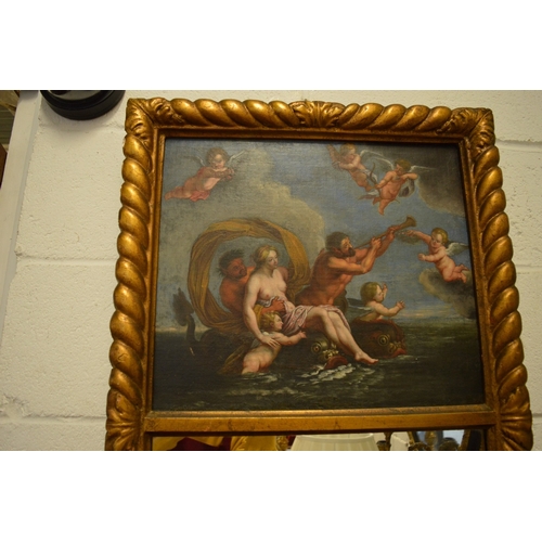 306 - A good 19th century gilt framed trumeau mirror with painting of classical figures to the upper secti... 