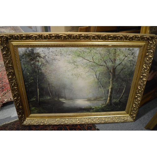 328 - June Pitfield, Two decorative oil paintings depicting wooded river landscapes together with a large ... 