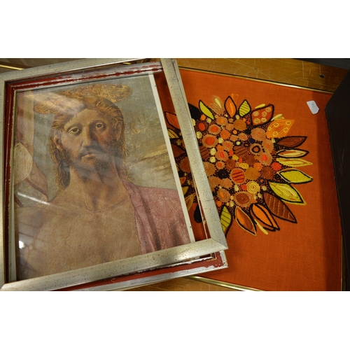 348 - Various unframed pictures, pair of picture frames, a wool work picture and two prints.