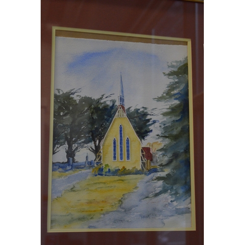 384 - Jennifer Gibbs, Pauahatanui, North of Wellington, watercolour of a church.