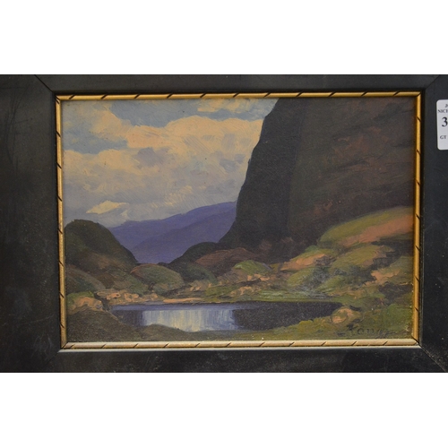 387 - Mountainous river landscape, oil on board in an ebonised frame.