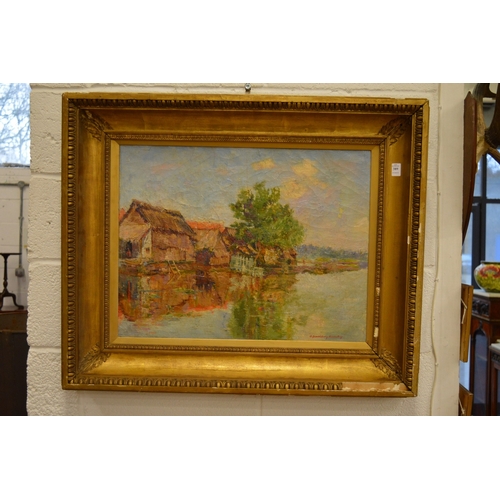 389 - Kronenberg, rural river landscape with buildings and trees, oil on canvas, signed, in a large decora... 