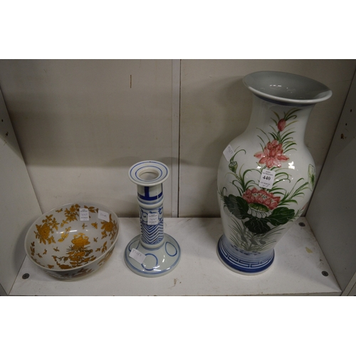 440 - Large decorative vase, a candlestick and a bowl.