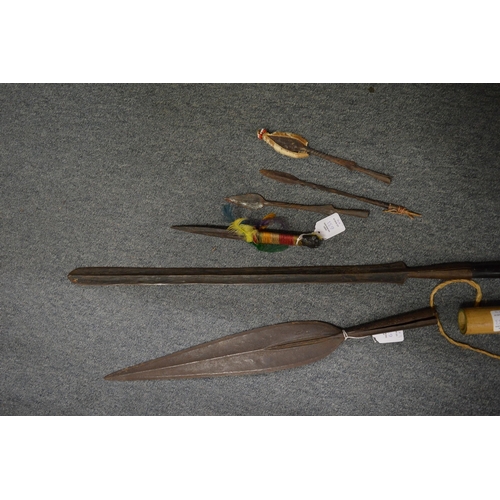 633 - An Asagai spear, spear head, wooden dagger and a quiver of arrows.