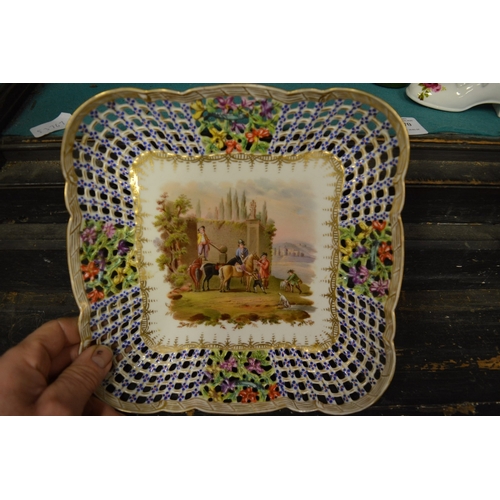 70 - A decorative Dresden dish with pierced border and other decorative porcelain.