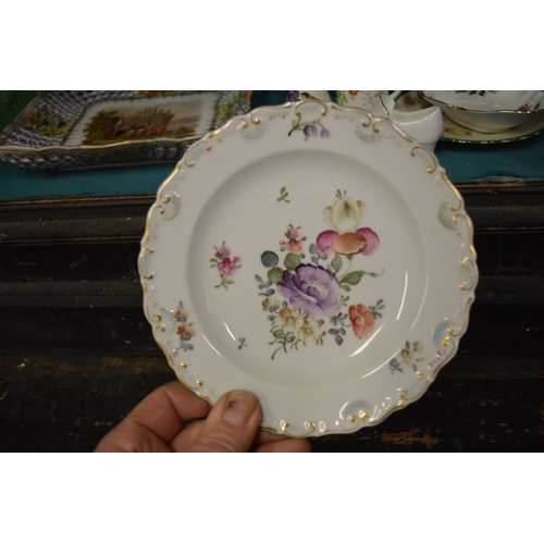 70 - A decorative Dresden dish with pierced border and other decorative porcelain.