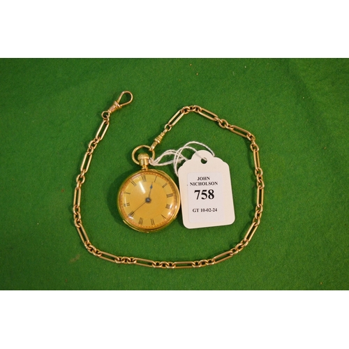 758 - A 15 carat gold watch chain with decorative gilt metal fob watch.