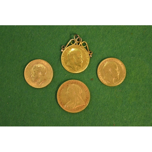 761 - A Victorian sovereign 1894, two Edward VII half sovereign's 1905 & 1910, one with mount and a George... 