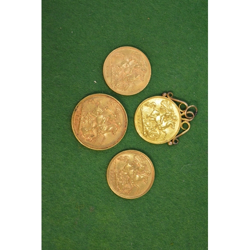 761 - A Victorian sovereign 1894, two Edward VII half sovereign's 1905 & 1910, one with mount and a George... 