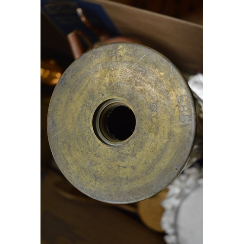 89 - Two large brass shell cases, copper kettle and other collectables.