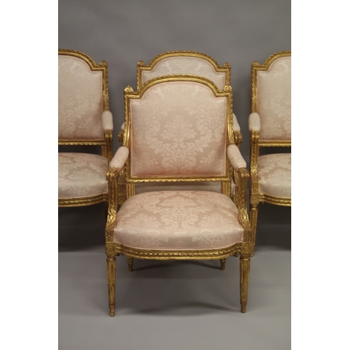 1001 - A VERY GOOD SET OF FOUR 19TH CENTURY LOUIS XVITH DESIGN FAUTEUIL with satin backs, arms and seats, a... 