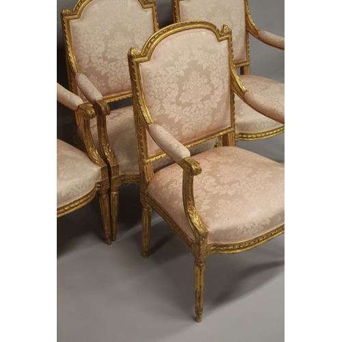 1001 - A VERY GOOD SET OF FOUR 19TH CENTURY LOUIS XVITH DESIGN FAUTEUIL with satin backs, arms and seats, a... 