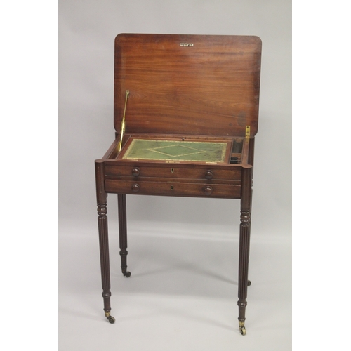 1002 - A GOOD GILLOW MODEL WRITING TABLE with plain rising top opening to reveal a leather writing surface ... 