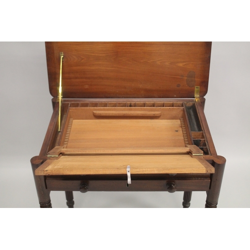 1002 - A GOOD GILLOW MODEL WRITING TABLE with plain rising top opening to reveal a leather writing surface ... 