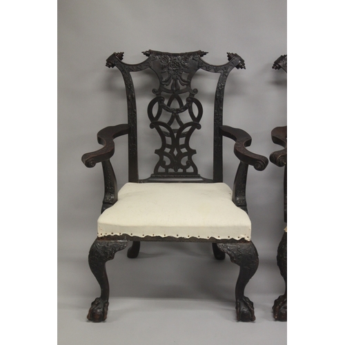 1003 - A VERY GOOD PAIR OF IRISH CHIPPENDALE MAHOGANY ARMCHAIRS CIRCA 1860, carved with oak leaves and acor... 