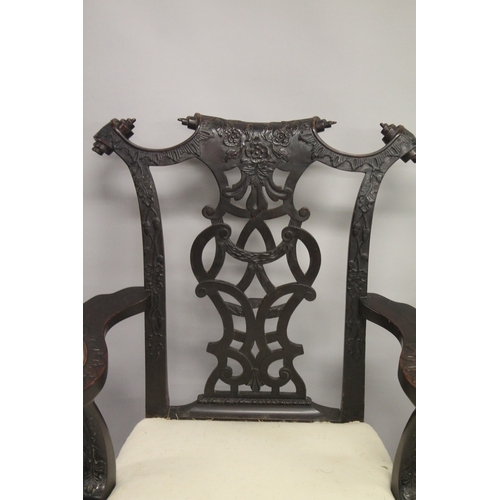 1003 - A VERY GOOD PAIR OF IRISH CHIPPENDALE MAHOGANY ARMCHAIRS CIRCA 1860, carved with oak leaves and acor... 