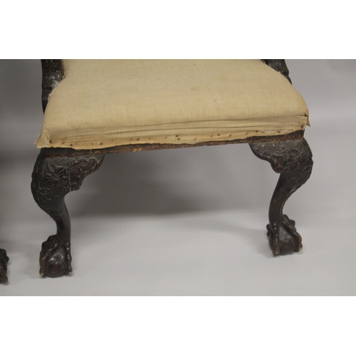 1003 - A VERY GOOD PAIR OF IRISH CHIPPENDALE MAHOGANY ARMCHAIRS CIRCA 1860, carved with oak leaves and acor... 