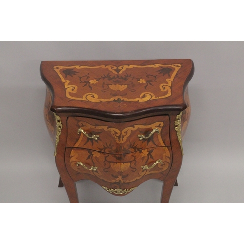 1017 - A LOUIS XVITH DESIGN INLAID BOMBE CHEST with two drawers, on curving legs.