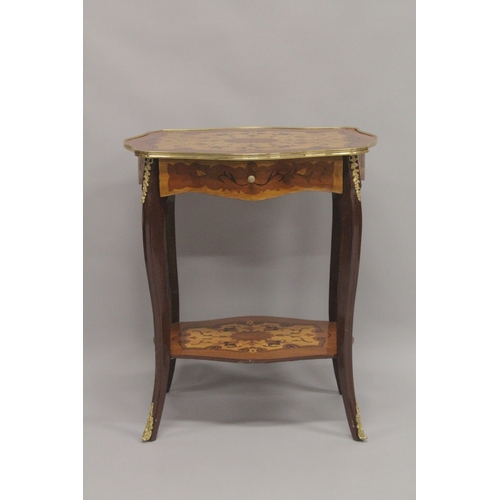 1019 - A LOUIS XVITH DESIGN INLAID RECTANGULAR TOP TABLE with curving legs and under tier. 1ft 1ins diamete... 