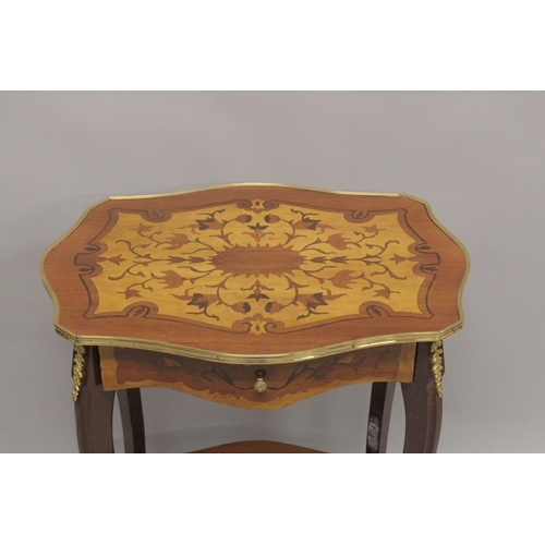 1019 - A LOUIS XVITH DESIGN INLAID RECTANGULAR TOP TABLE with curving legs and under tier. 1ft 1ins diamete... 